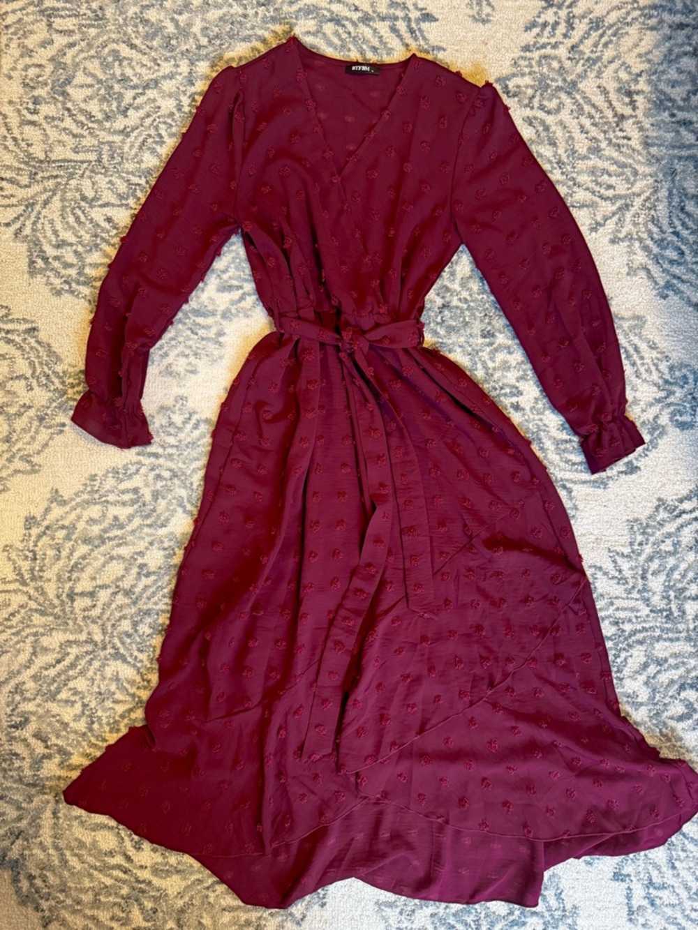 Women's Wine Red Wrap Maxi Dress with Tie Waist, Ruffle hem